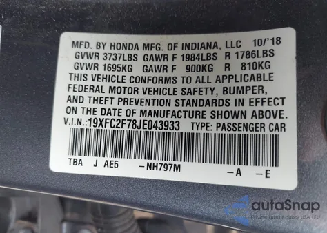 2018 Honda Civic Ex из США, поврежденный, VIN 19XFC2F78JE043933